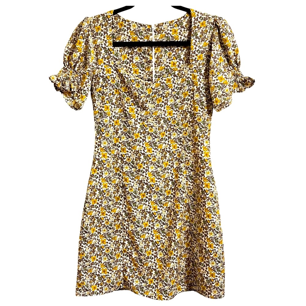 Handmade Delicate Yellow Floral Puff Sleeve Coastal Cottage Feminine Mini Dress